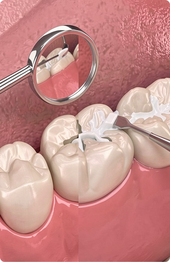Dental procedure illustration showing a close-up of molar teeth. A mirror reflects the teeth and a tool applies white composite filling, highlighting dental care.