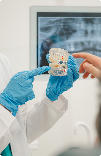 Dentist wearing blue gloves explains dental model to patient. X-ray image is visible on a screen in the background. Focus on education and care.
